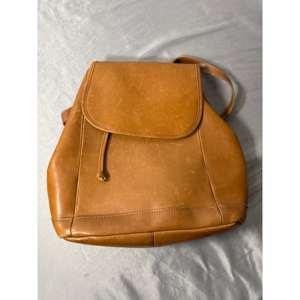LL Bean Vintage Tan Leather Backpack Rucksack Drawstring Flap Duck Fish Lining